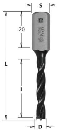 Kolíkovací vrták nepriechodný (D=10 mm; l=30 mm; L=57,5 mm; S=10x20 mm) LH
