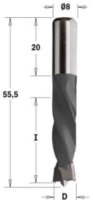 Vrták S=8x20 (D=7 mm; I=30 mm; L=55,5 mm; Z2) RH